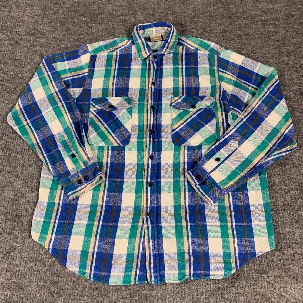 VTG Five Brother Shirt Mens L Blue Teal Plaid Flannel Heavy Cotton Button Down